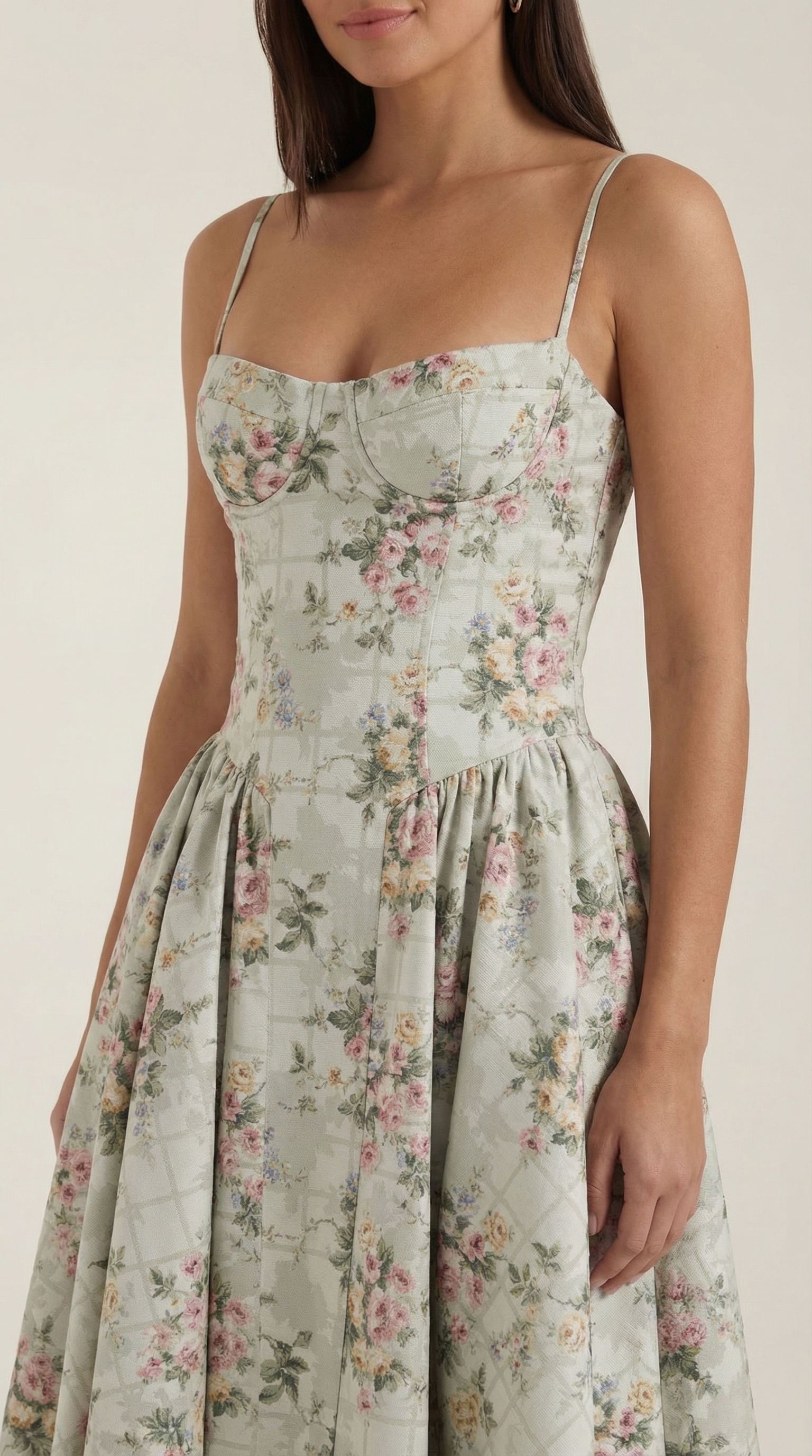 Women's Cotton Midi Dress Corset Style with Straps and Floral Print
