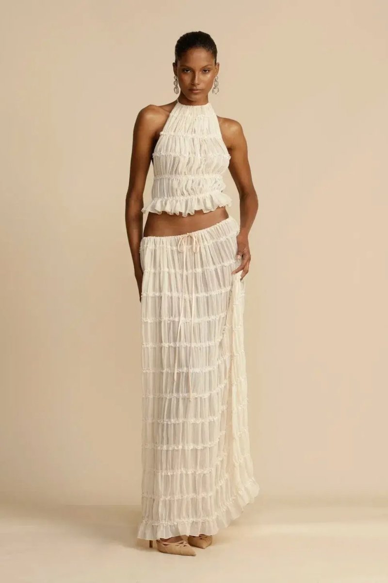 Conjunto dos piezas mujer | top halter y falda midi para playa