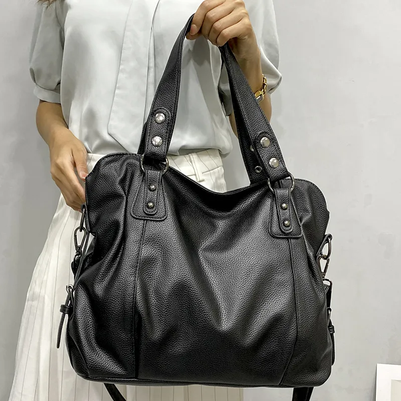 Sac à épaule femme en cuir souple grande capacité design contrasté élégant