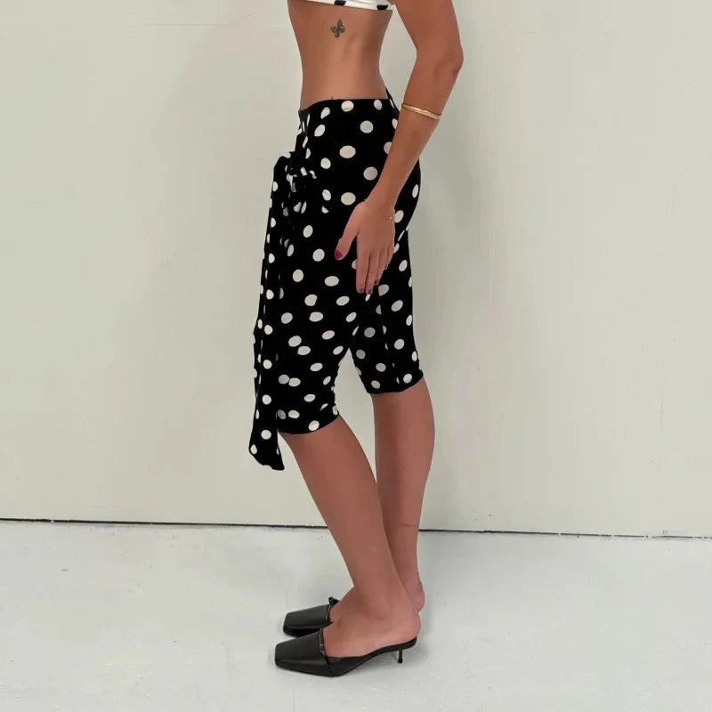 Pantalon Capri Femme à Imprimé Pois et Taille Haute Élastique