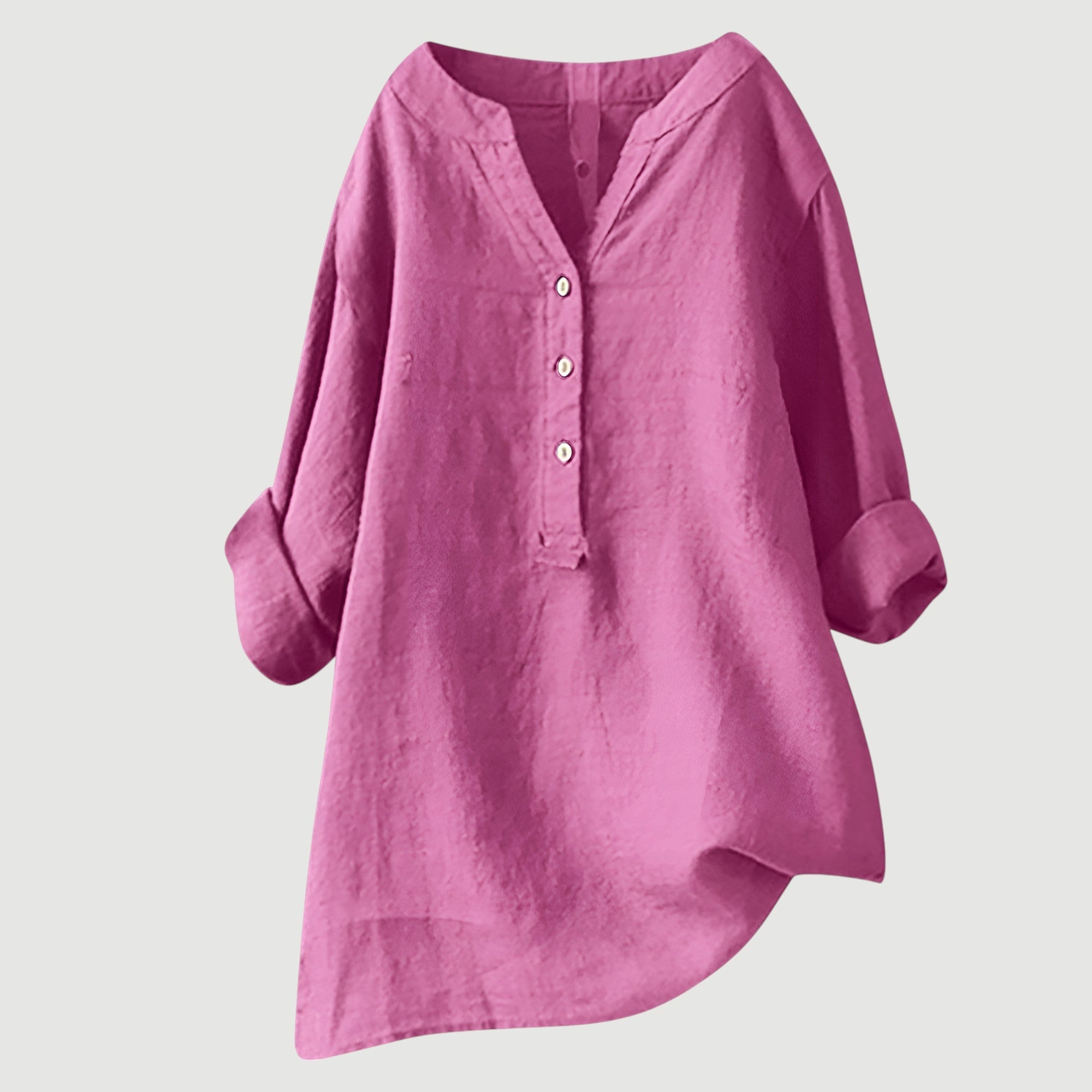 Women's Long-Sleeve Henley Blouse with Asymmetrical Hem in Polyester