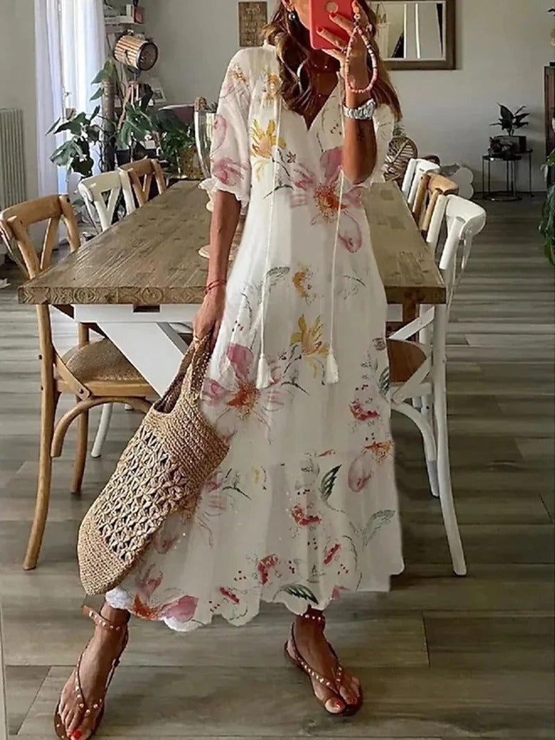Women's Long Dress with Floral Print and Empire Waist Flared Skirt