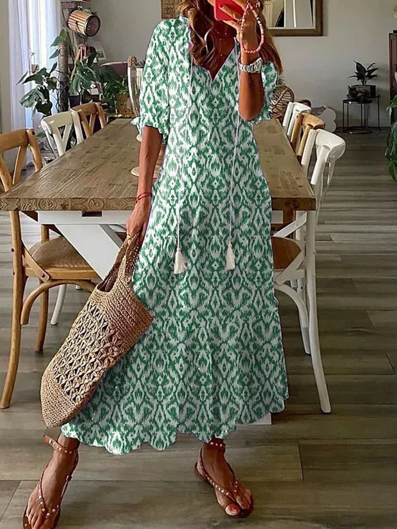 Women's Long Dress with Floral Print and Empire Waist Flared Skirt