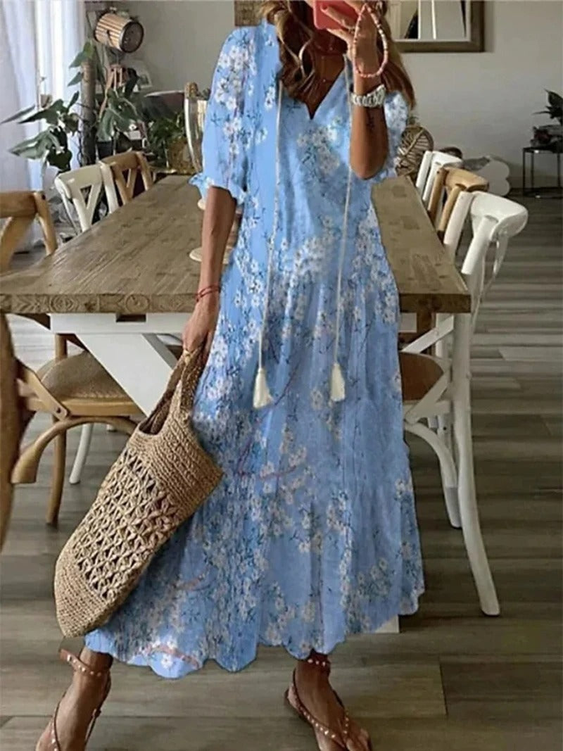 Abito lungo da donna con stampa floreale e gonna svasata a taglio impero