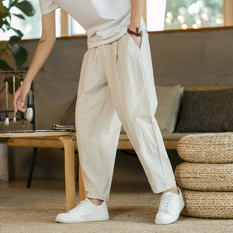 Men's Linen Pants with Elastic Waist and Cropped Tapered Fit