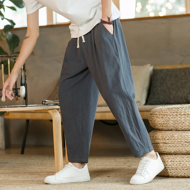 Men's Linen Pants with Elastic Waist and Cropped Tapered Fit