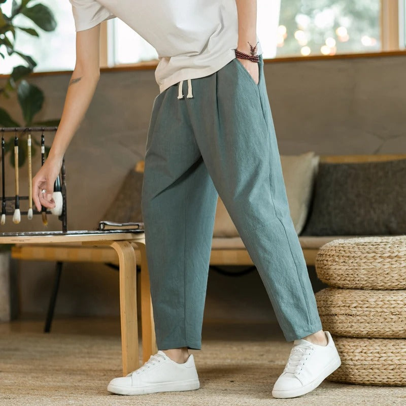 Men's Linen Pants with Elastic Waist and Cropped Tapered Fit