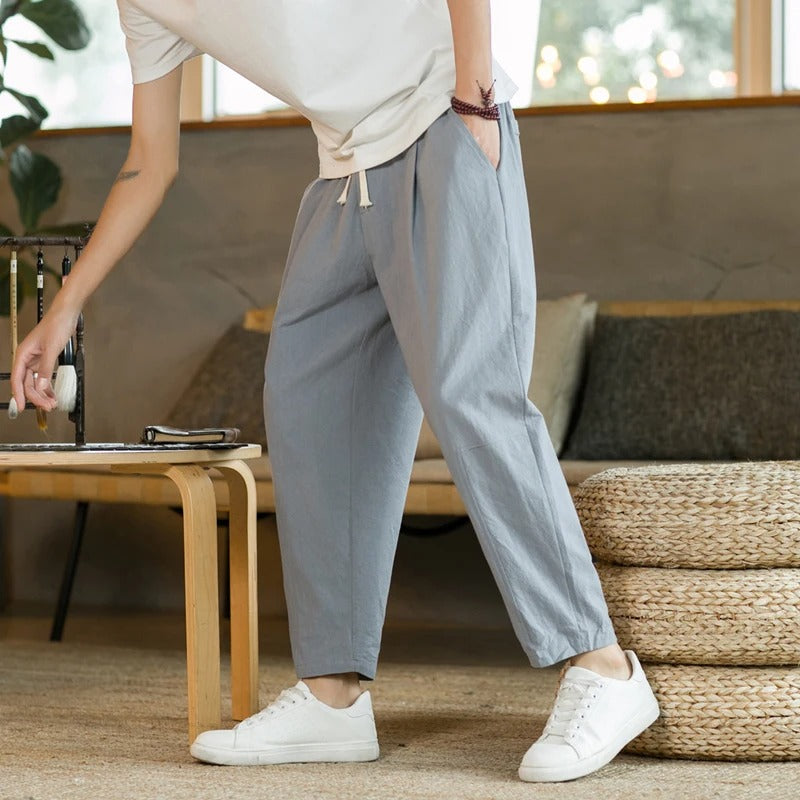Men's Linen Pants with Elastic Waist and Cropped Tapered Fit
