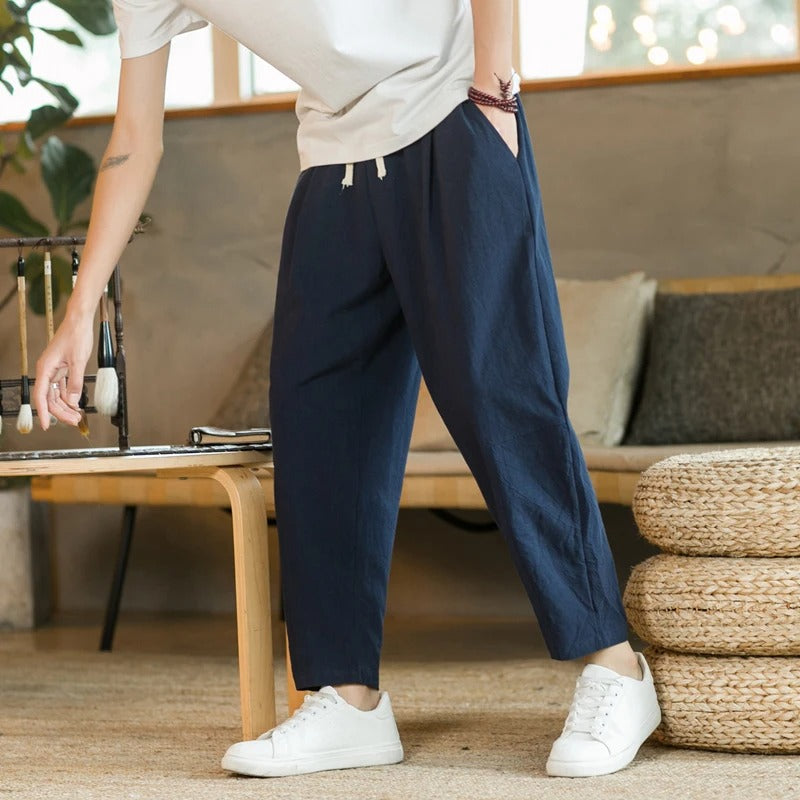 Men's Linen Pants with Elastic Waist and Cropped Tapered Fit