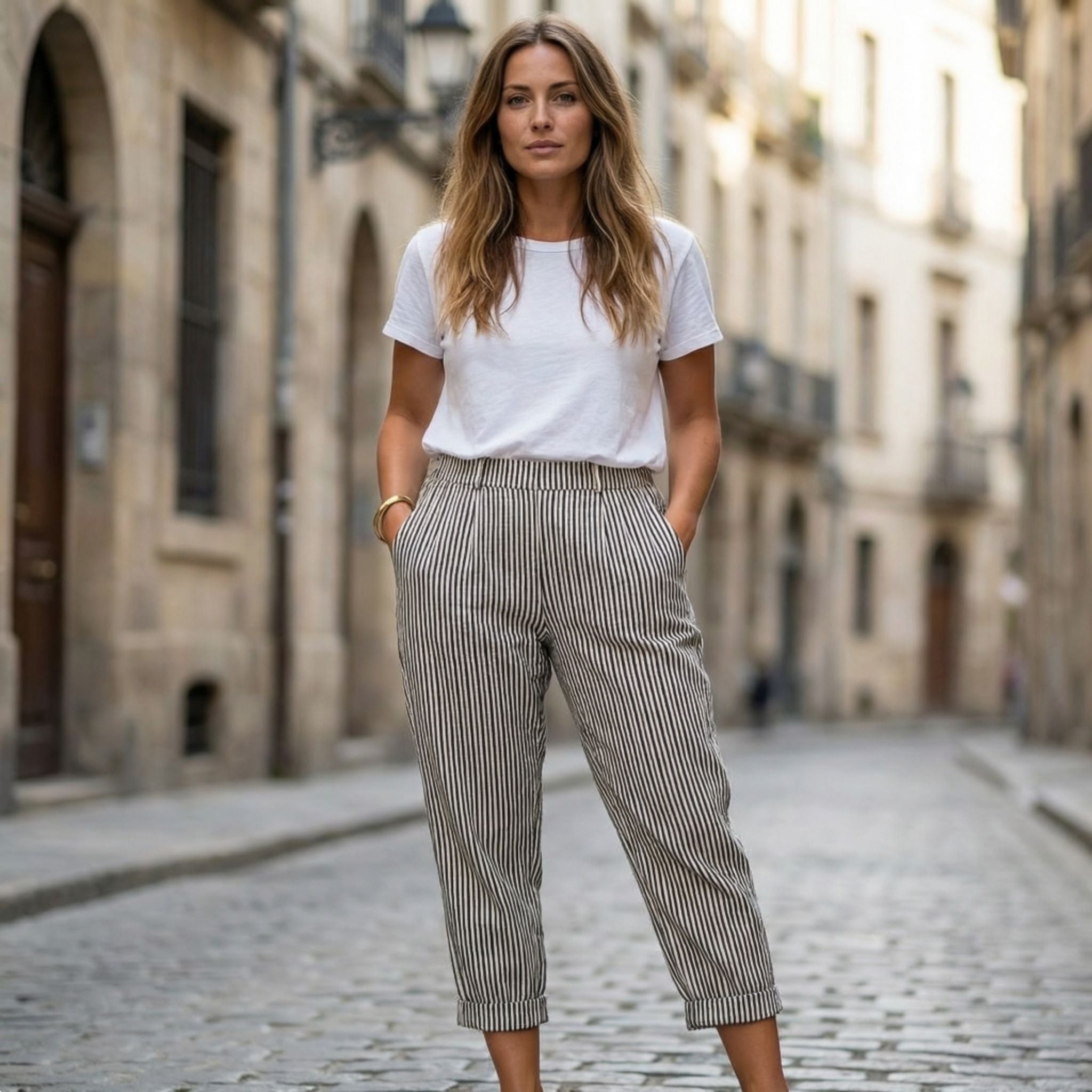 Pantalon Capri à Jambe Large avec Rayures Verticales et Taille Haute pour Femme