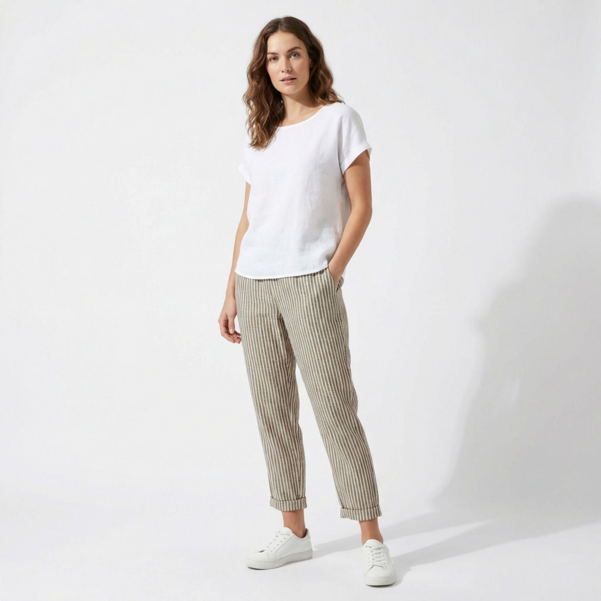 Pantalon Capri à Jambe Large avec Rayures Verticales et Taille Haute pour Femme