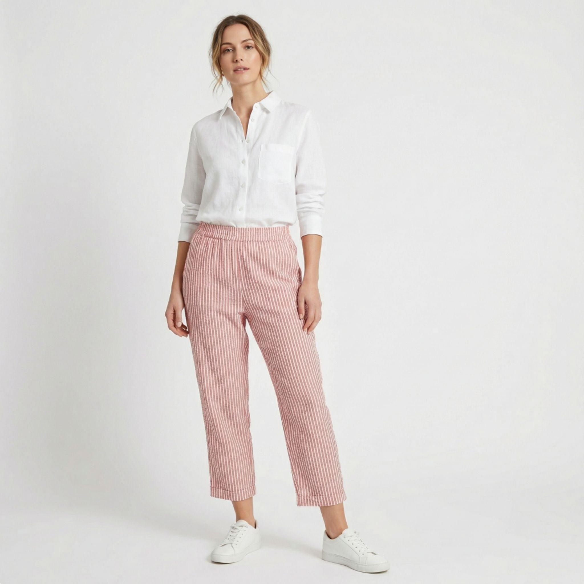 Pantalon Capri à Jambe Large avec Rayures Verticales et Taille Haute pour Femme