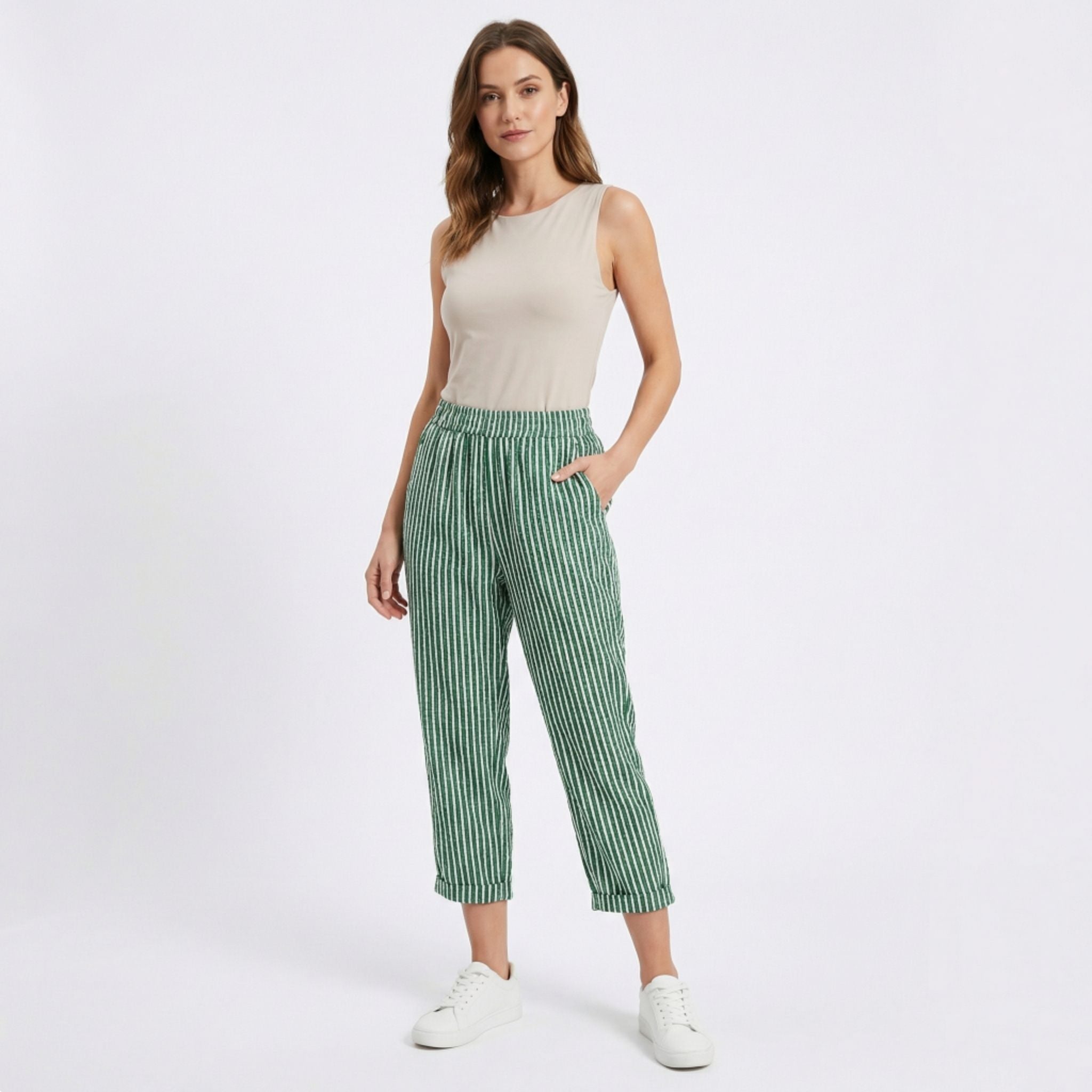 Pantalon Capri à Jambe Large avec Rayures Verticales et Taille Haute pour Femme