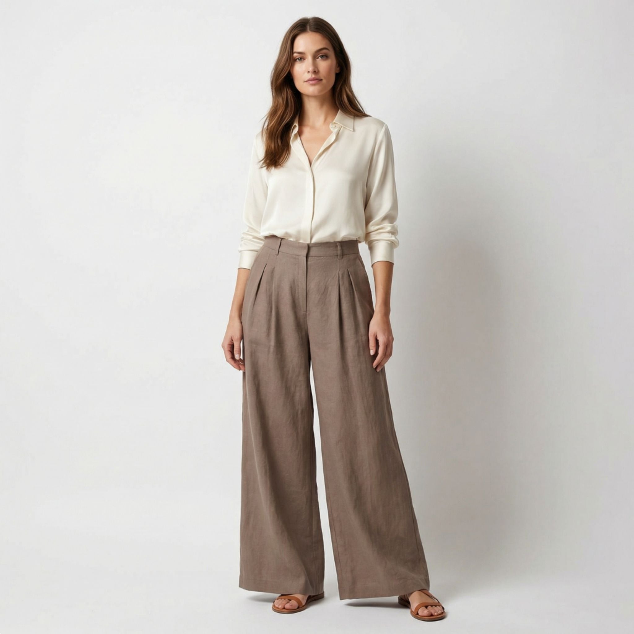 Pantalon Femme à Jambe Large avec Pinces Avant et Poches