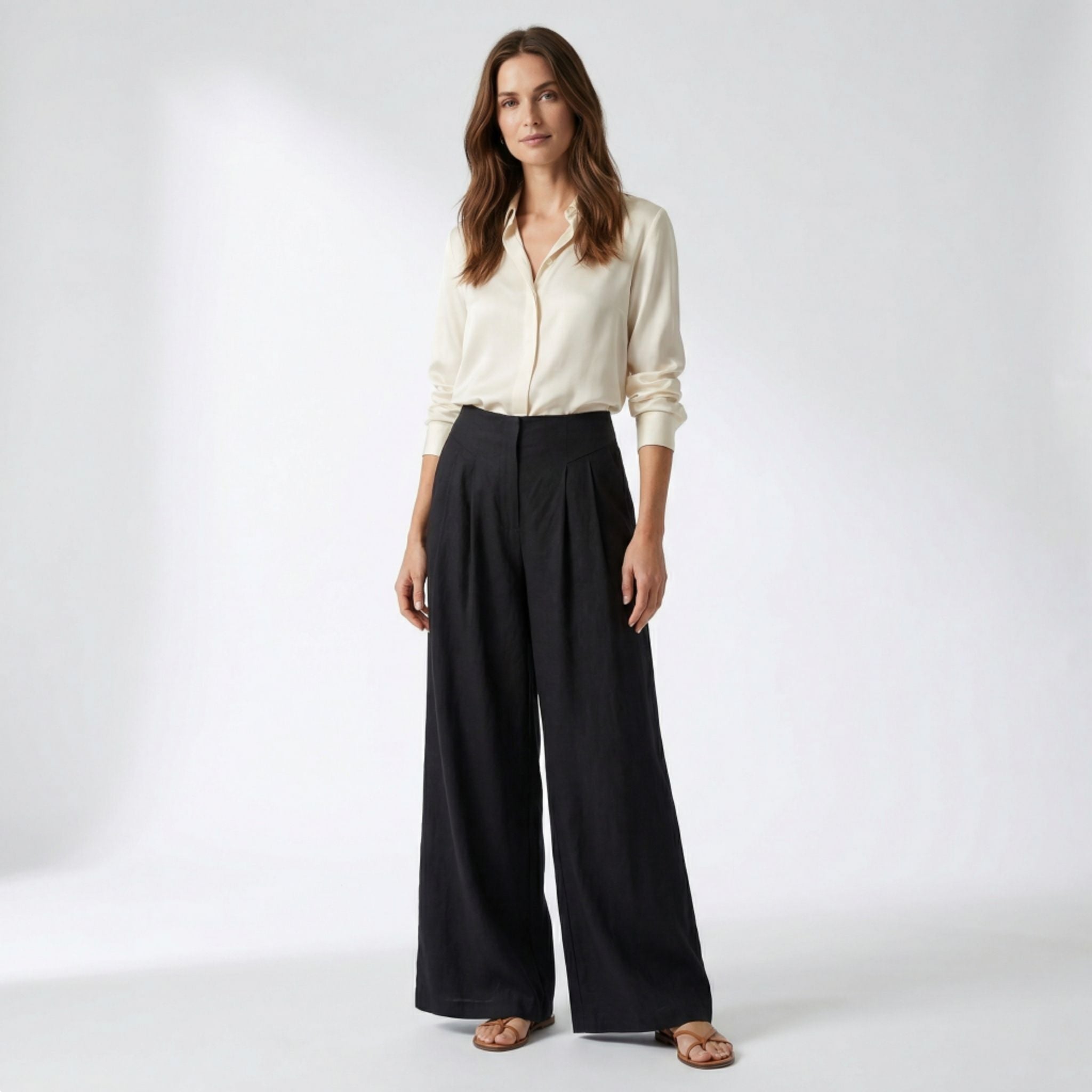 Pantalon Femme à Jambe Large avec Pinces Avant et Poches