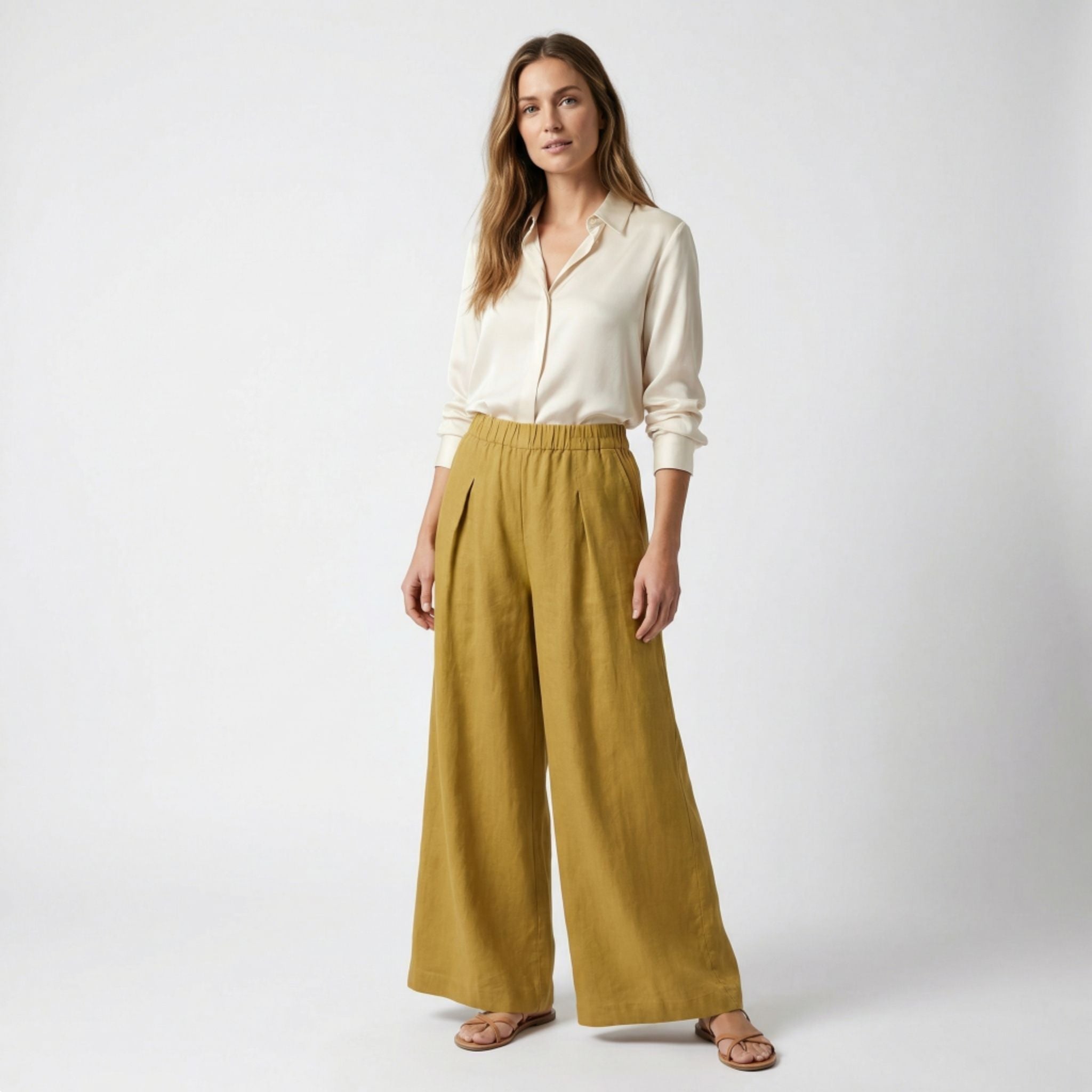 Pantalon Femme à Jambe Large avec Pinces Avant et Poches