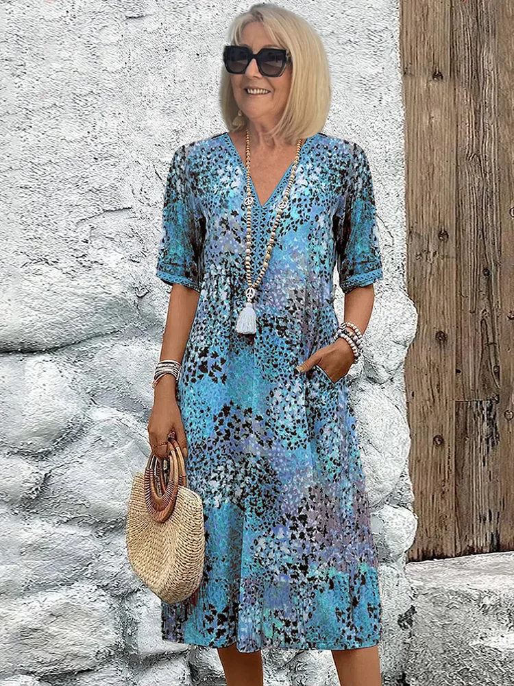 Robe midi imprimée femme — coupe en A avec col en V — quotidienne