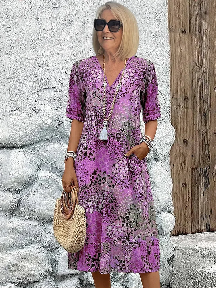 Robe midi imprimée femme — coupe en A avec col en V — quotidienne