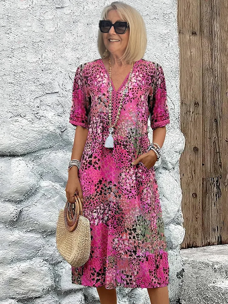 Robe midi imprimée femme — coupe en A avec col en V — quotidienne