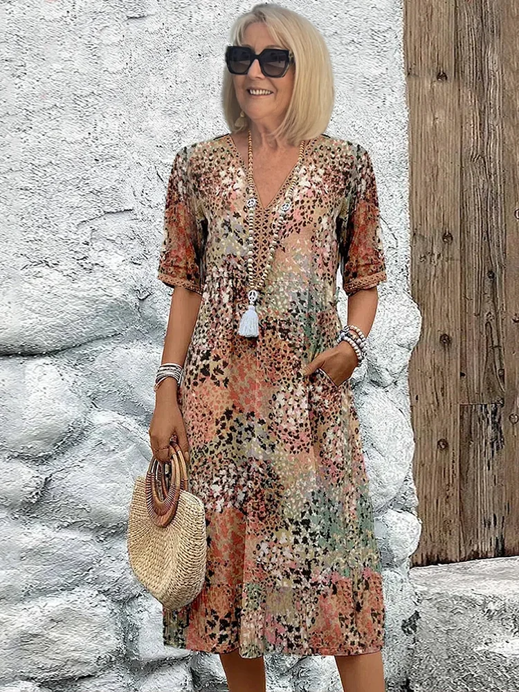 Robe midi imprimée femme — coupe en A avec col en V — quotidienne