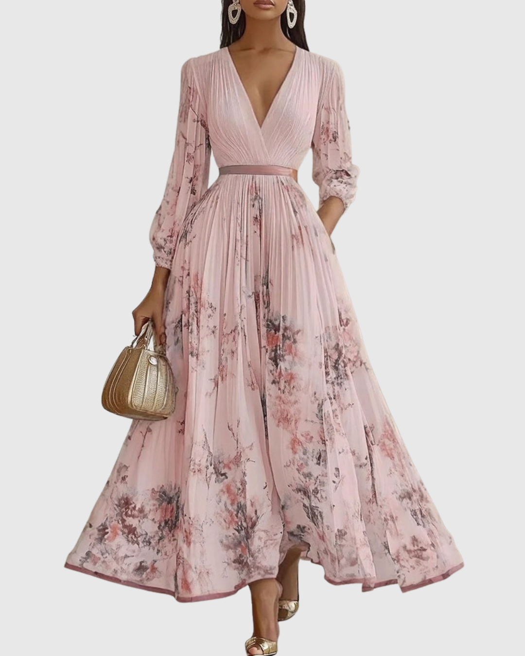 Robe midi col en V — jupe plissée et poches — événements