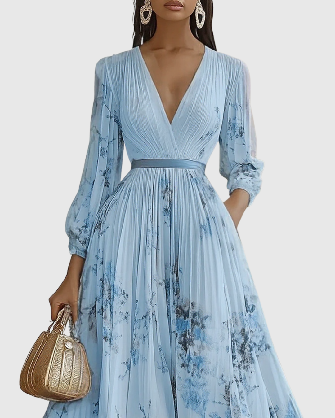 Robe midi col en V — jupe plissée et poches — événements