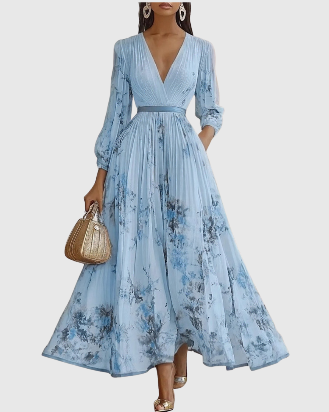 Vestito midi con scollo a V — gonna plissettata e tasche — eventi