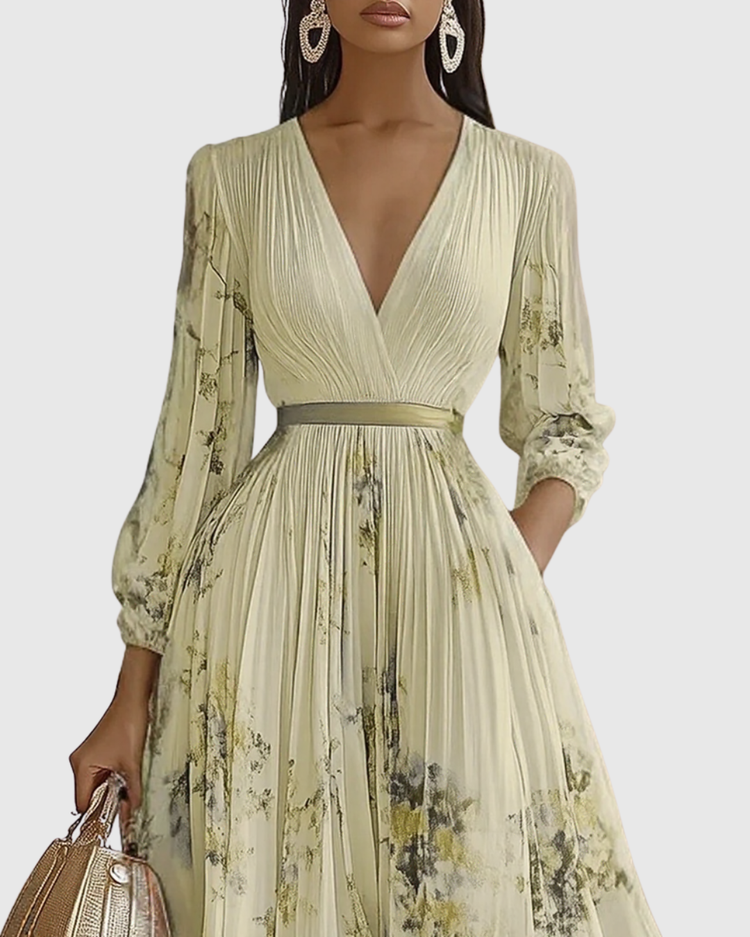 Vestito midi con scollo a V — gonna plissettata e tasche — eventi