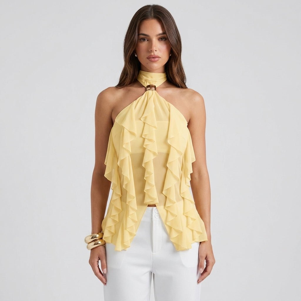 Top halter donna con volant | blusa senza maniche per eventi