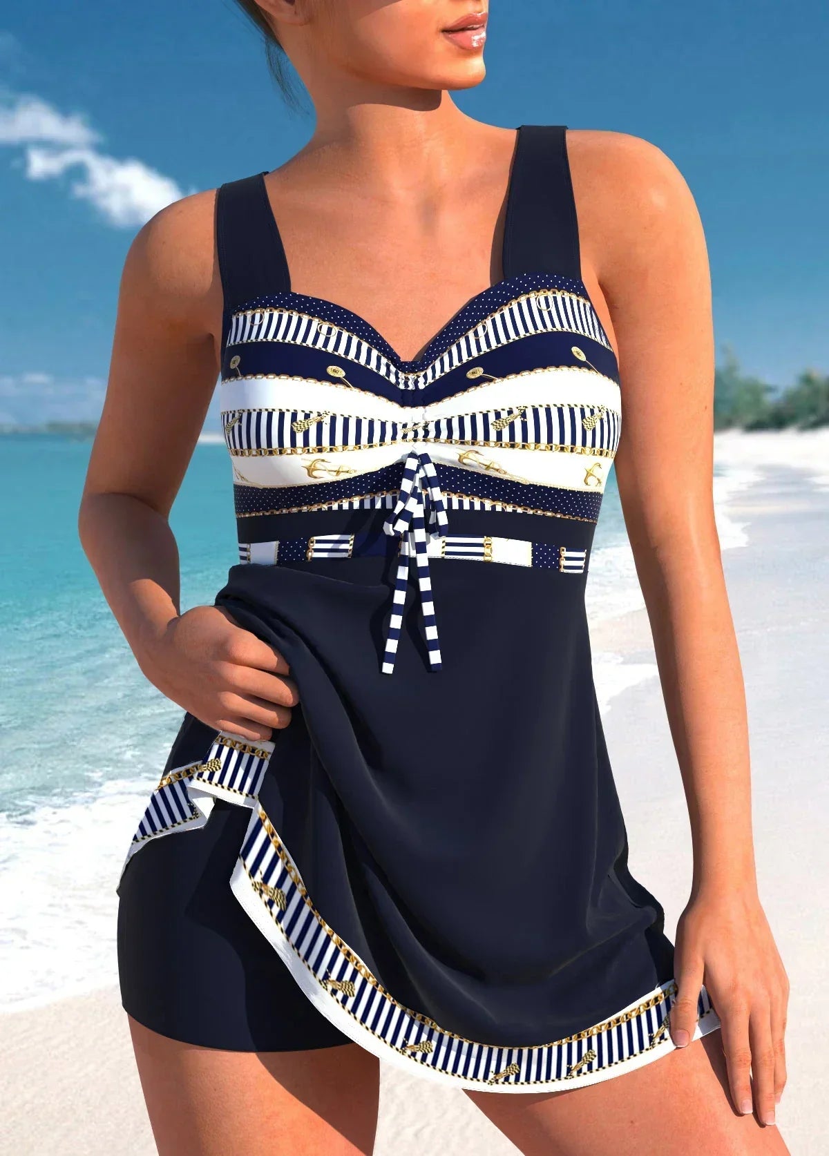 Ensemble tankini pour femme avec jupe à imprimé graphique et bretelles larges